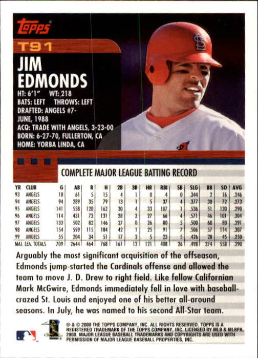 2000 Topps Traded #T91 Jim Edmonds Cards back image