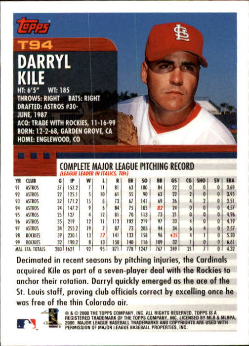 2000 Topps Traded #T94 Darryl Kile back image