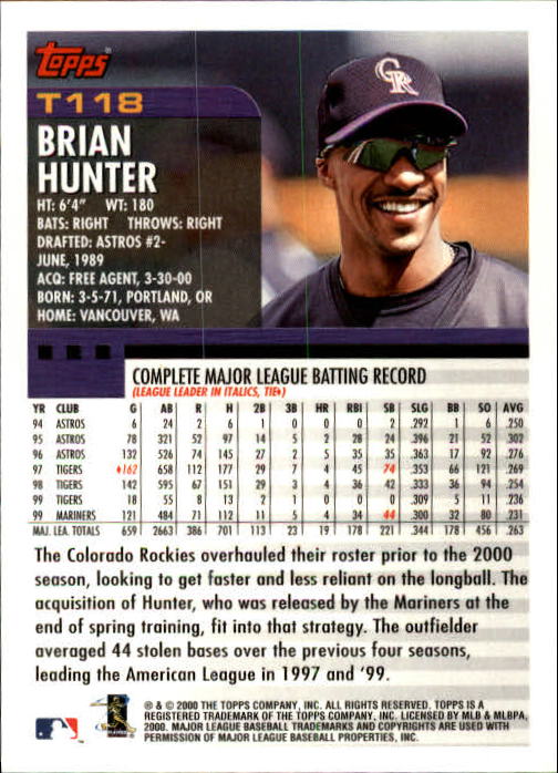 2000 Topps Traded #T118 Brian Hunter back image