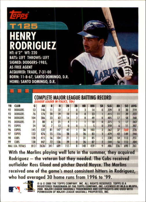 2000 Topps Traded #T125 Henry Rodriguez back image