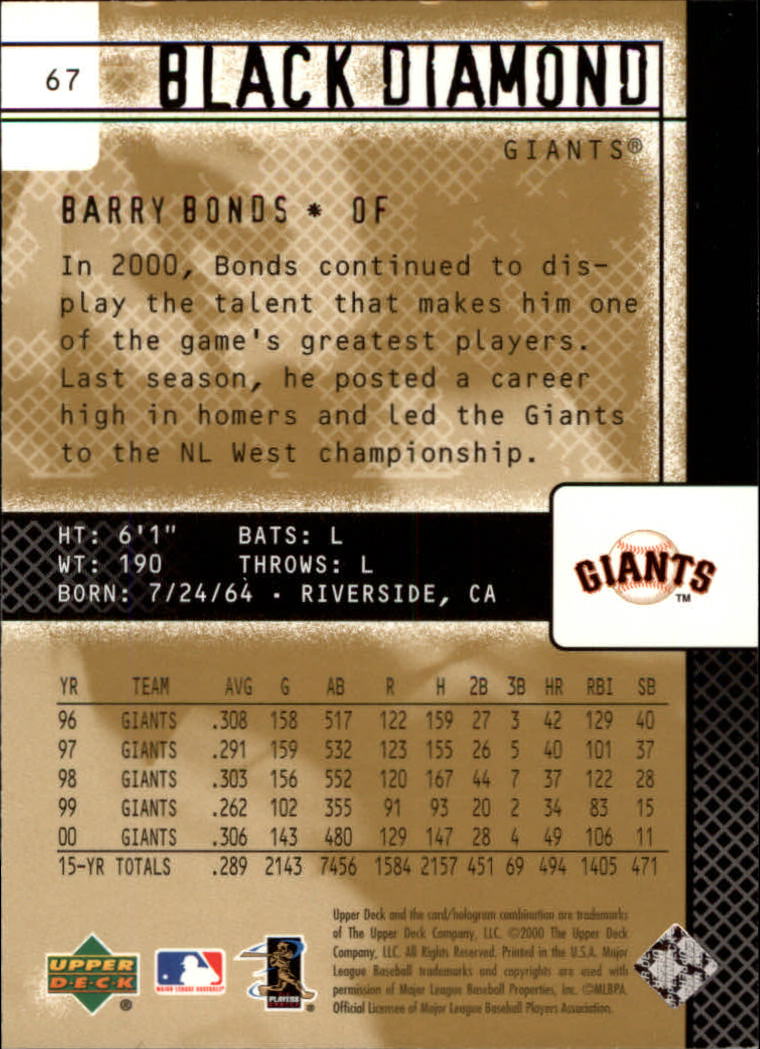 2000 Black Diamond Rookie Edition #67 Barry Bonds back image