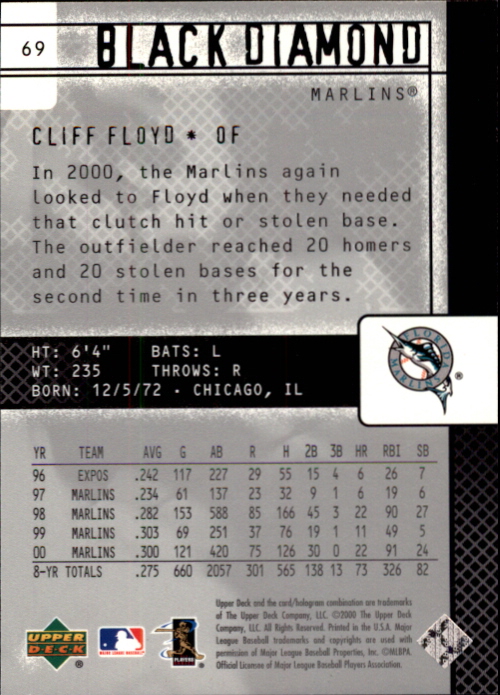 2000 Black Diamond Rookie Edition Gold #69 Cliff Floyd back image