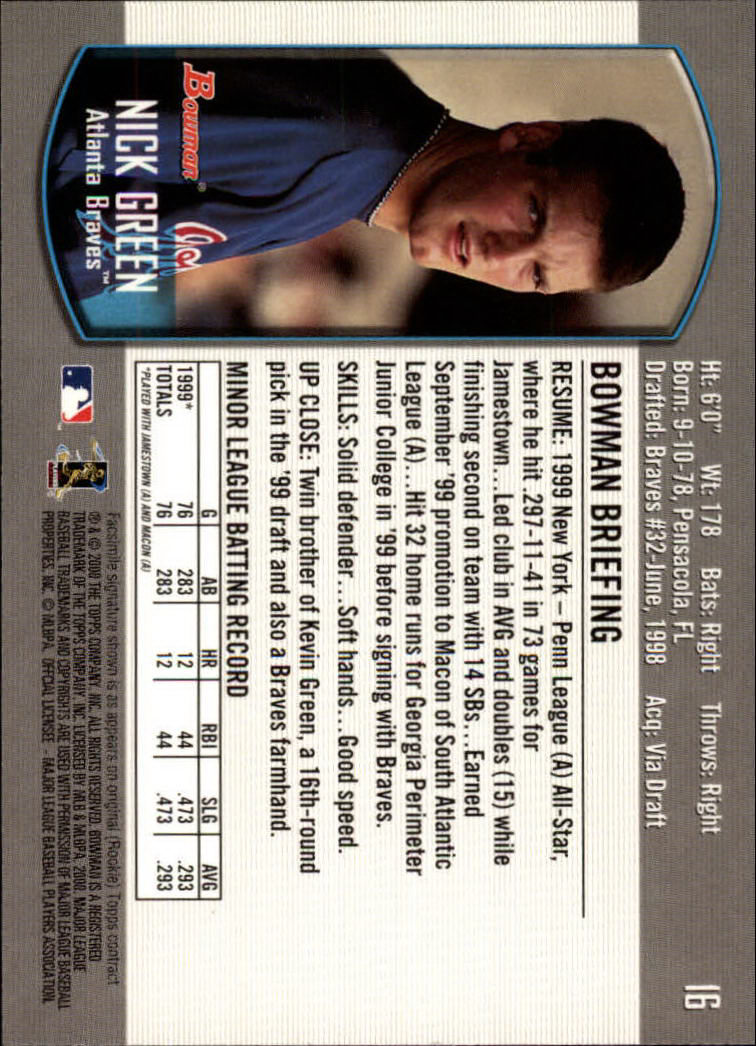 2000 Bowman Draft #16 Nick Green back image