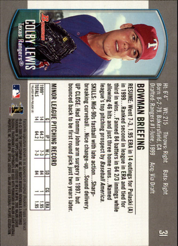 2000 Bowman Draft #31 Colby Lewis RC back image
