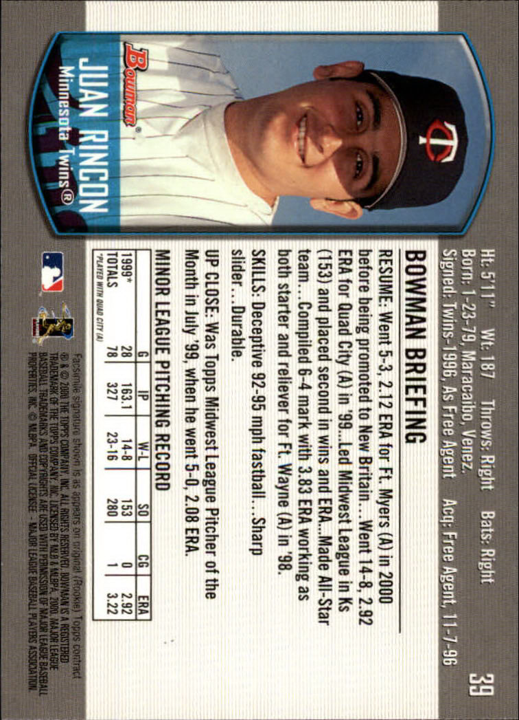 2000 Bowman Draft #39 Juan Rincon RC back image
