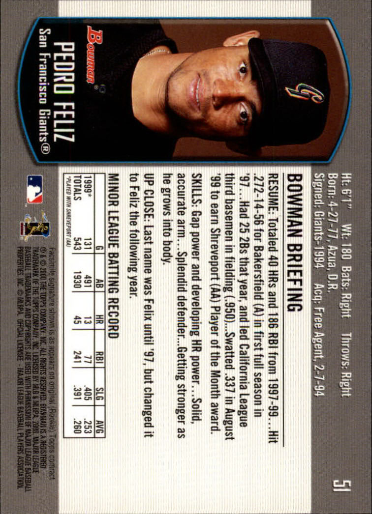 2000 Bowman Draft #51 Pedro Feliz RC back image