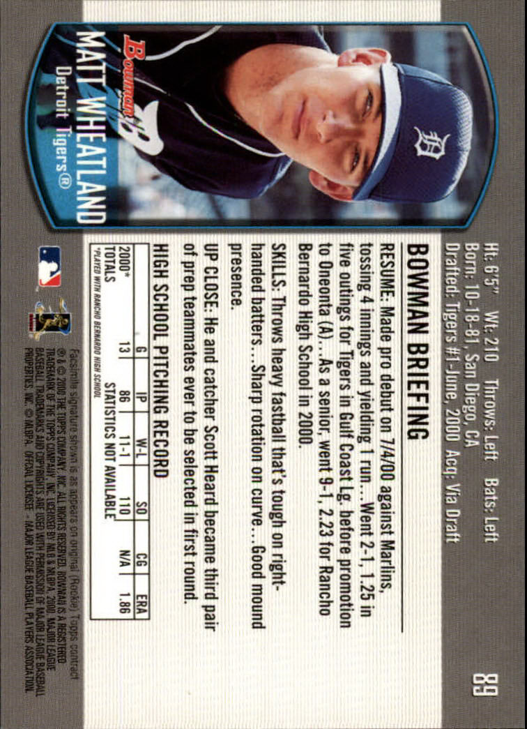 2000 Bowman Draft #89 Matt Wheatland RC back image