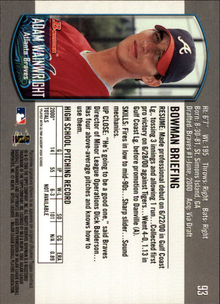 2000 Bowman Draft #93 Adam Wainwright RC back image