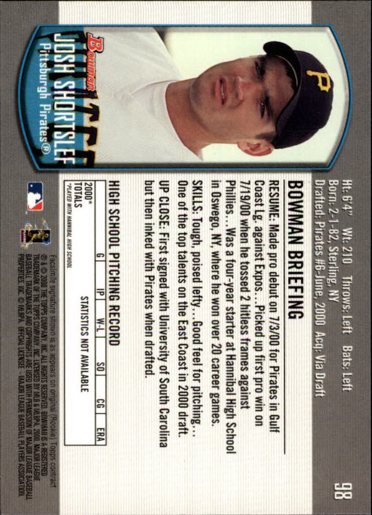 2000 Bowman Draft #98 Josh Shortslef RC back image