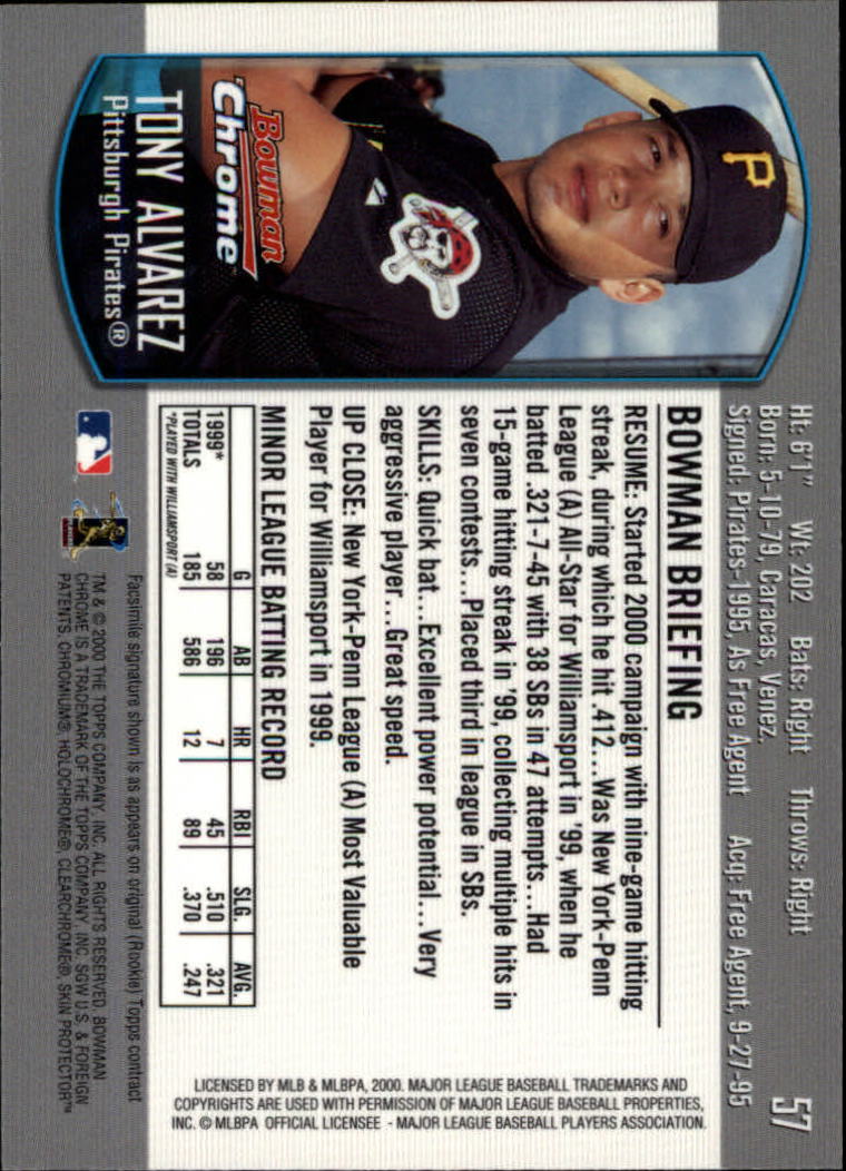 2000 Bowman Chrome Draft #57 Tony Alvarez RC back image