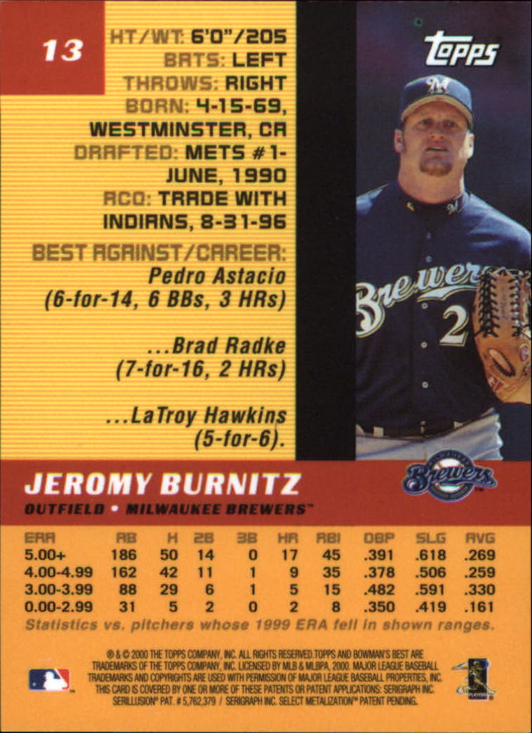 2000 Bowman's Best #13 Jeromy Burnitz back image