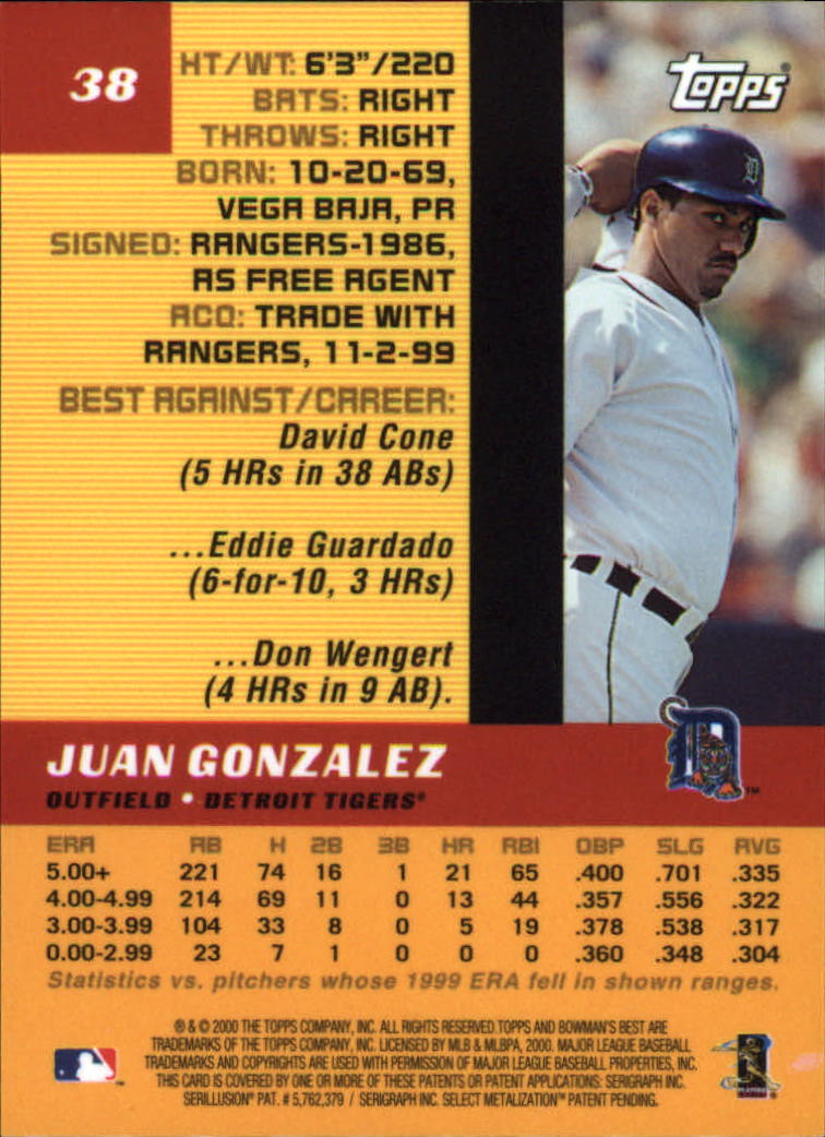 2000 Bowman's Best #38 Juan Gonzalez back image