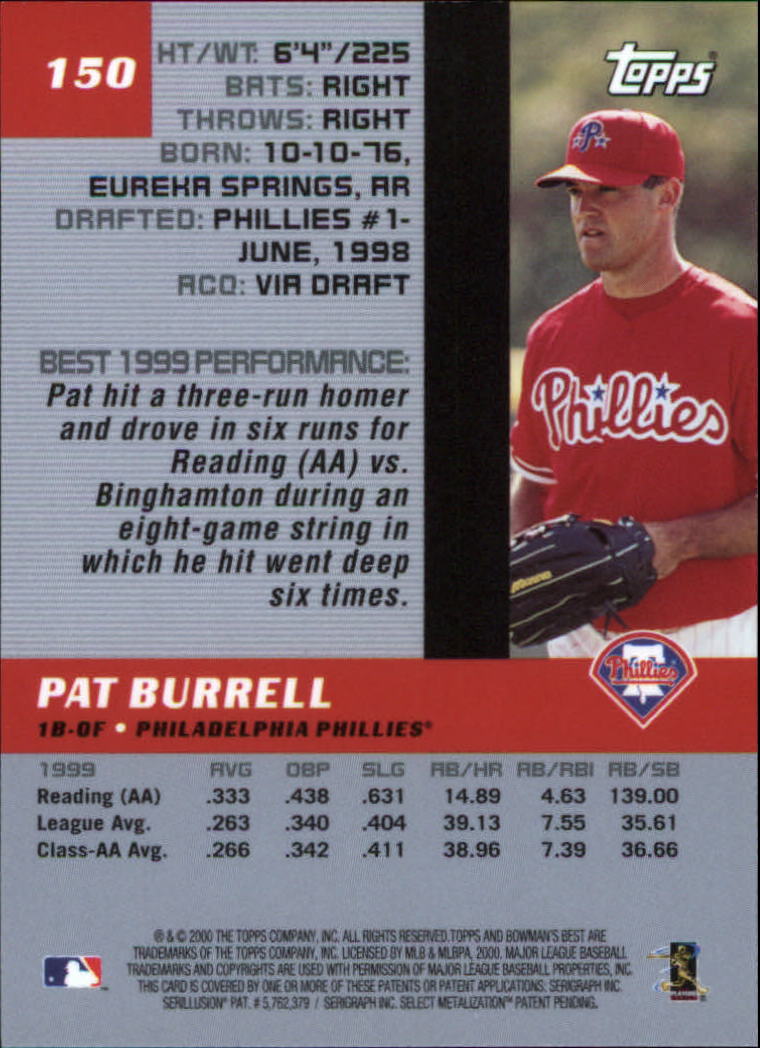 Pat Burrell Philadelphia Phillies 2000 Bowman Autographed Card - Awesome  Autograph. This item comes with a certificate