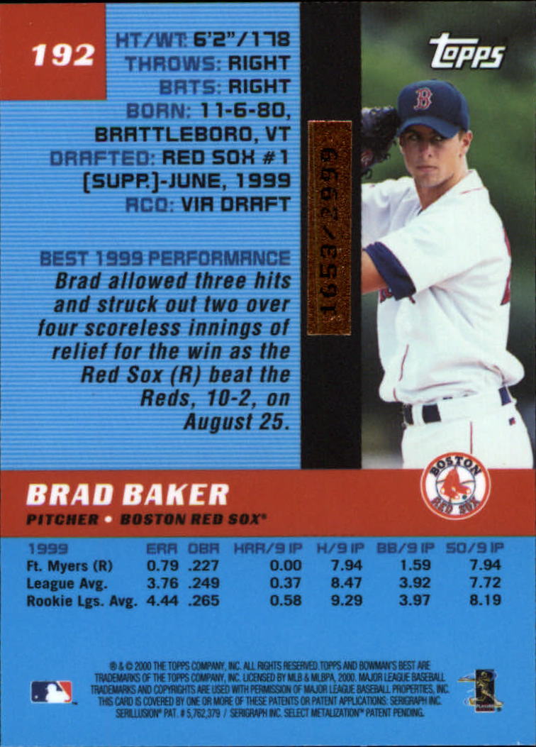 2000 Bowman's Best #192 Brad Baker RC back image