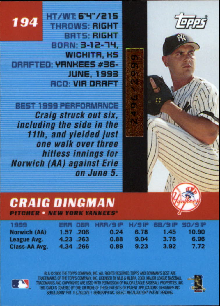 2000 Bowman's Best #194 Craig Dingman RC back image
