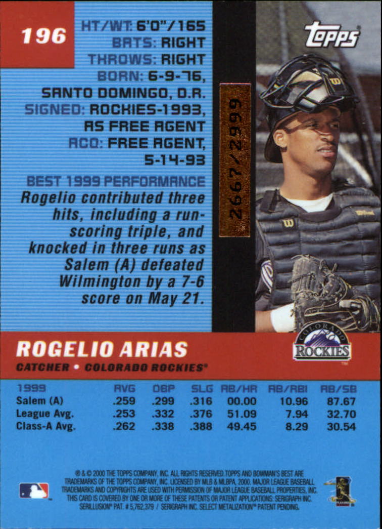2000 Bowman's Best #196 Rogelio Arias RC back image