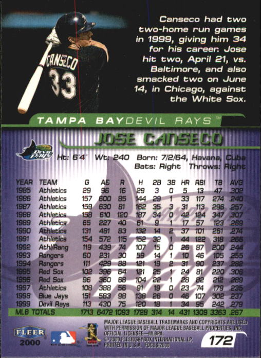 2000 Fleer Focus #172 Jose Canseco back image
