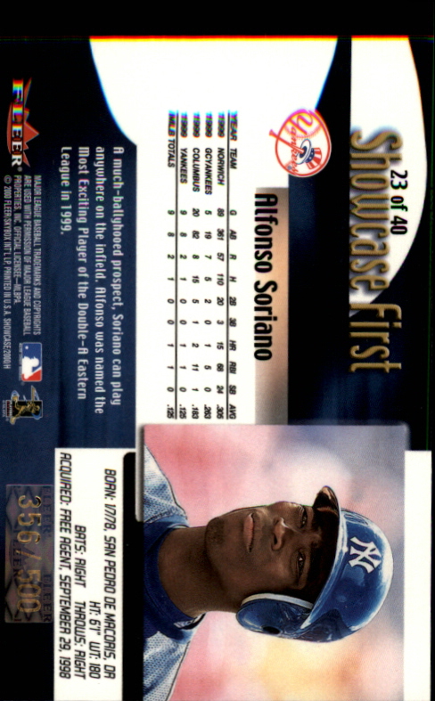 2000 Fleer Showcase Prospect Showcase First #23 Alfonso Soriano back image