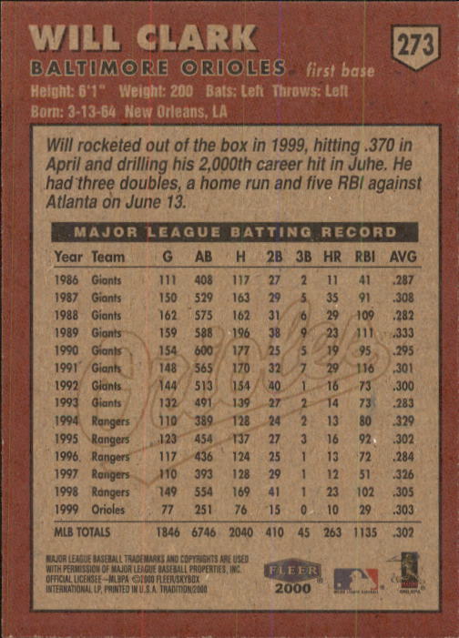 2000 Fleer Tradition Baseball "Main Set" Base Cards #226 to #450 - Picture 97 of 445