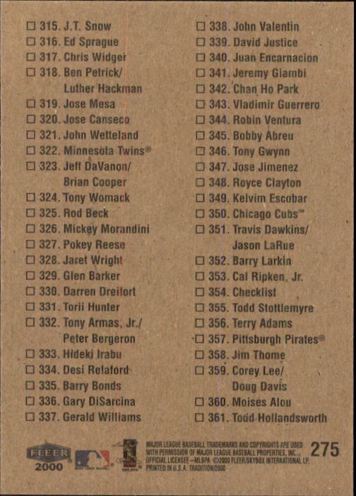 2000 Fleer Tradition Baseball "Main Set" Base Cards #226 to #450 - Picture 101 of 445