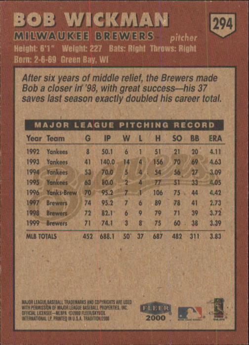 2000 Fleer Tradition Baseball "Main Set" Base Cards #226 to #450 - Picture 137 of 445
