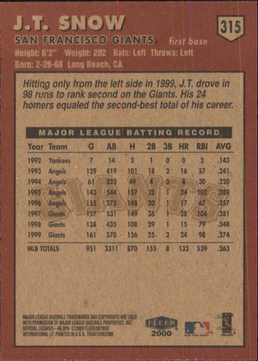 2000 Fleer Tradition Baseball "Main Set" Base Cards #226 to #450 - Picture 179 of 445
