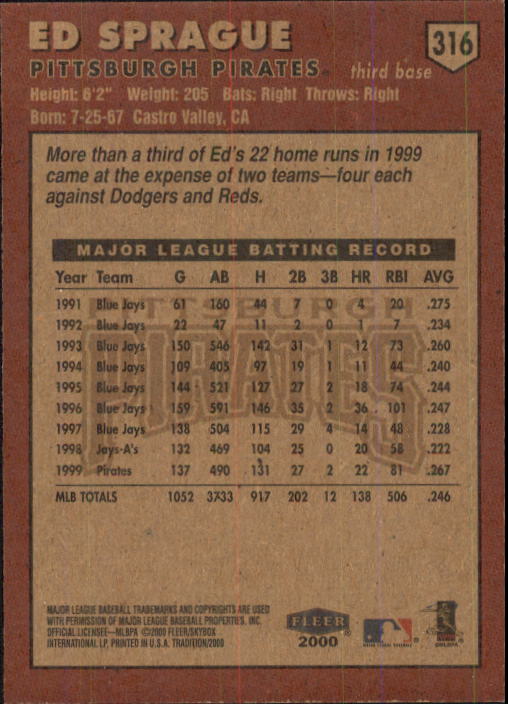 2000 Fleer Tradition Baseball "Main Set" Base Cards #226 to #450 - Picture 181 of 445