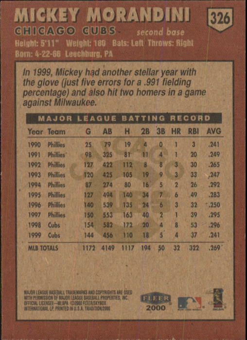 2000 Fleer Tradition Baseball "Main Set" Base Cards #226 to #450 - Picture 201 of 445