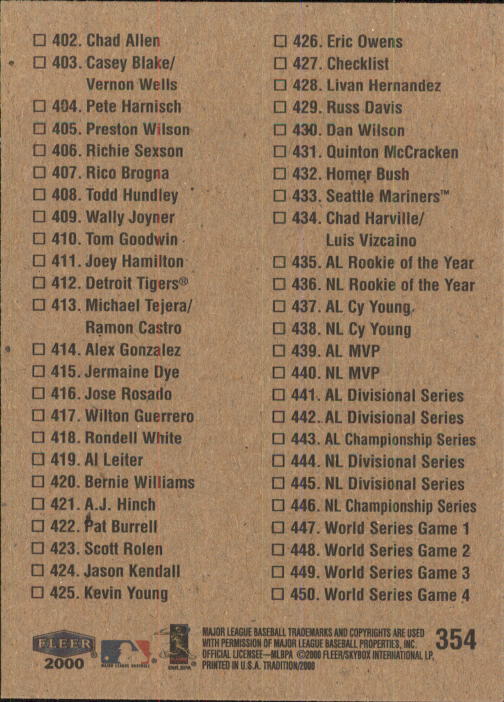 2000 Fleer Tradition Baseball "Main Set" Base Cards #226 to #450 - Picture 257 of 445