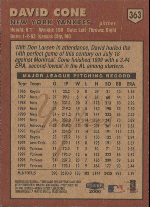 2000 Fleer Tradition Baseball "Main Set" Base Cards #226 to #450 - Picture 275 of 445