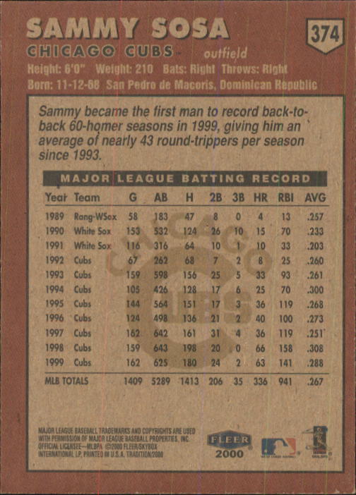 2000 Fleer Tradition Baseball "Main Set" Base Cards #226 to #450 - Picture 295 of 445