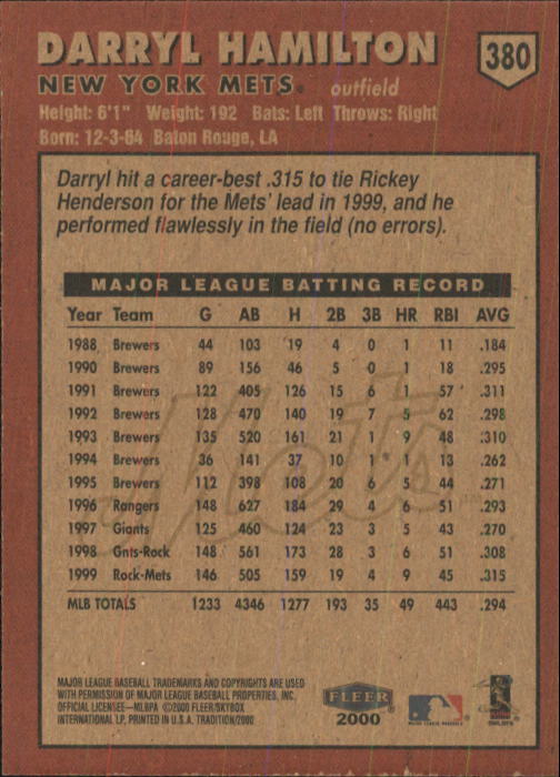 2000 Fleer Tradition Baseball "Main Set" Base Cards #226 to #450 - Picture 307 of 445
