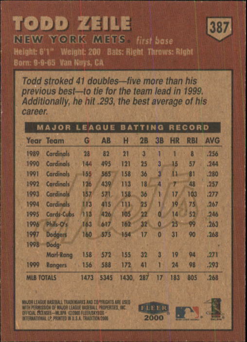 2000 Fleer Tradition Baseball "Main Set" Base Cards #226 to #450 - Picture 321 of 445