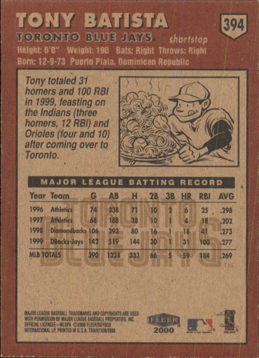 2000 Fleer Tradition Baseball "Main Set" Base Cards #226 to #450 - Picture 335 of 445