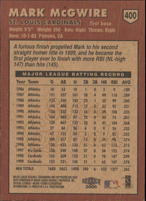 2000 Fleer Tradition Baseball "Main Set" Base Cards #226 to #450 - Picture 345 of 445