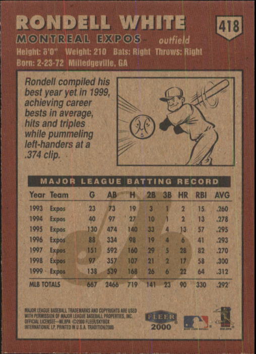 2000 Fleer Tradition Baseball "Main Set" Base Cards #226 to #450 - Picture 381 of 445