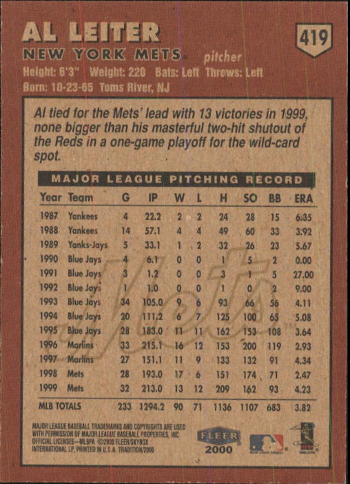 2000 Fleer Tradition Baseball "Main Set" Base Cards #226 to #450 - Picture 383 of 445