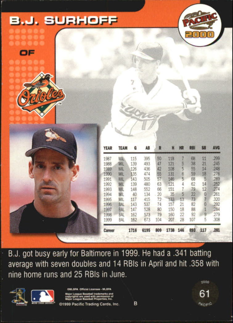 2000 Pacific #61 B.J. Surhoff back image