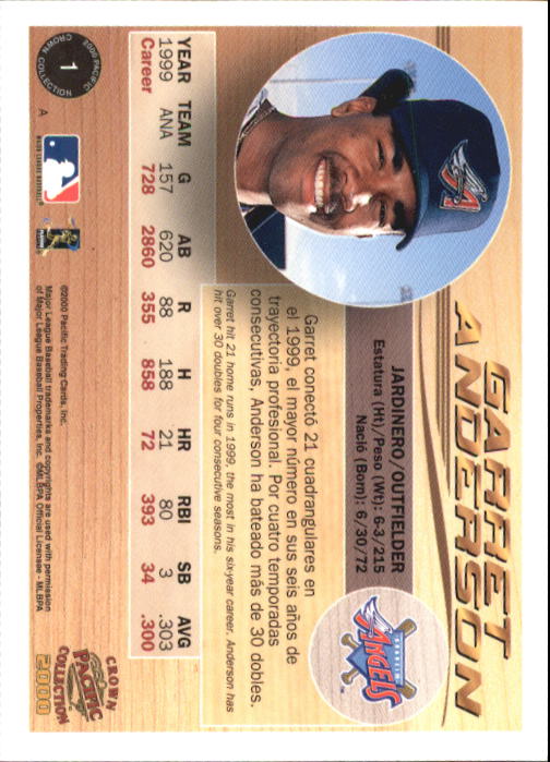 2000 Pacific Crown Collection #1 Garret Anderson back image