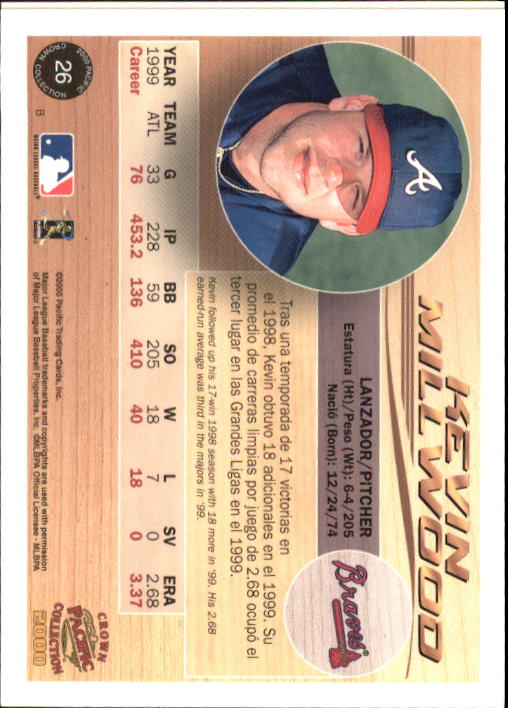 2000 Pacific Crown Collection #26 Kevin Millwood back image