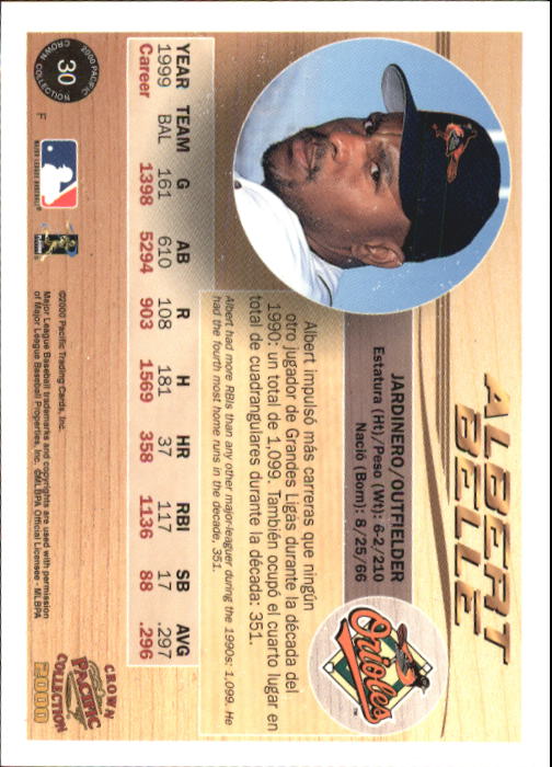 2000 Pacific Crown Collection #30 Albert Belle back image