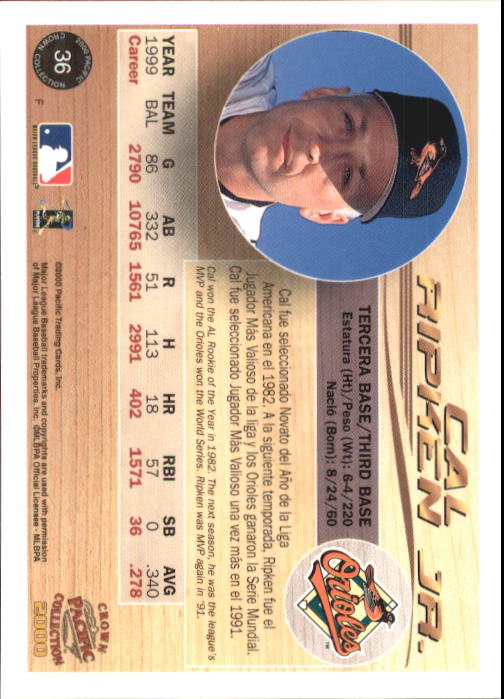 2000 Pacific Crown Collection #36 Cal Ripken back image