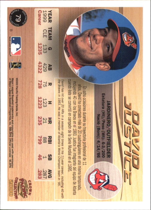 2000 Pacific Crown Collection #79 David Justice back image