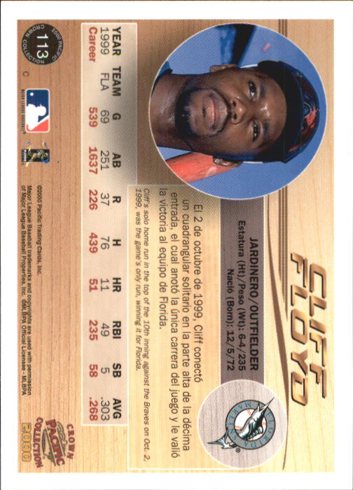 2000 Pacific Crown Collection #113 Cliff Floyd back image