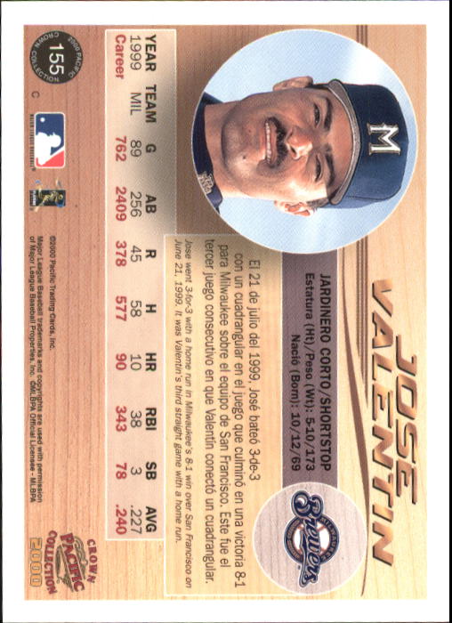 2000 Pacific Crown Collection #155 Jose Valentin back image