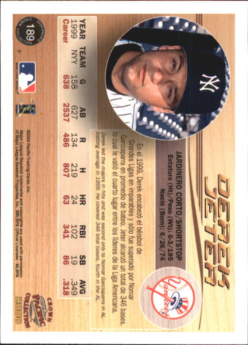 2000 Pacific Crown Collection #189 Derek Jeter back image