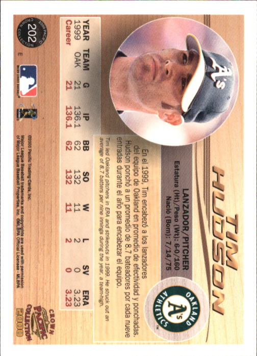 2000 Pacific Crown Collection #202 Tim Hudson back image