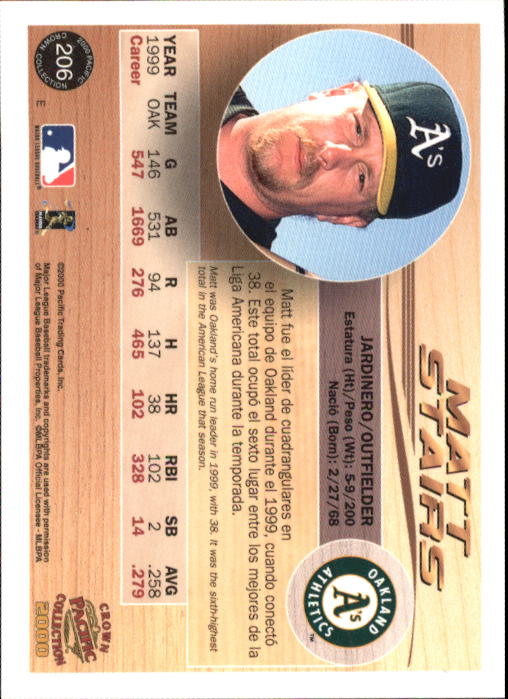 2000 Pacific Crown Collection #206 Matt Stairs back image