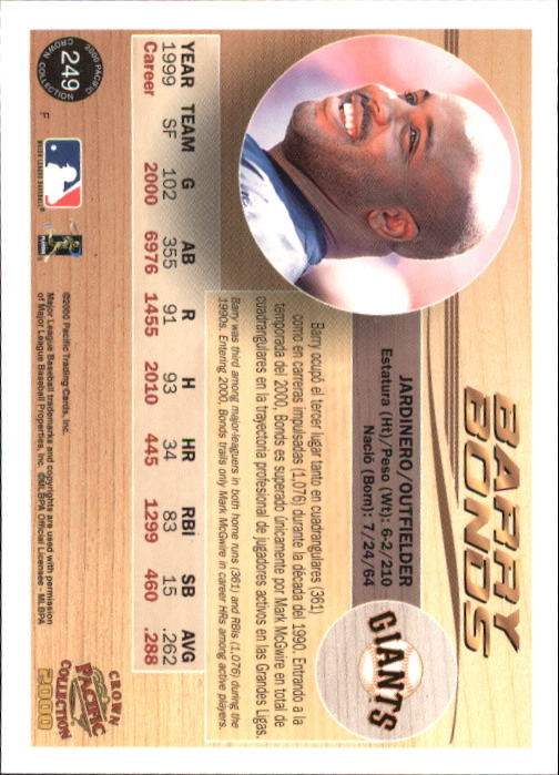 2000 Pacific Crown Collection #249 Barry Bonds back image