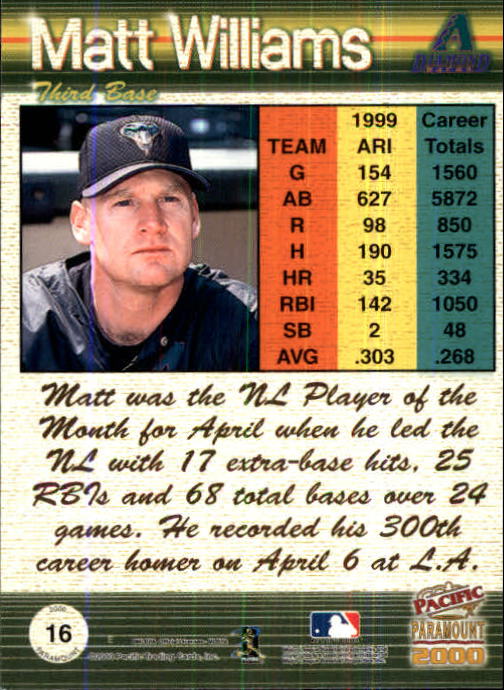 2000 Paramount Copper #16 Matt Williams back image